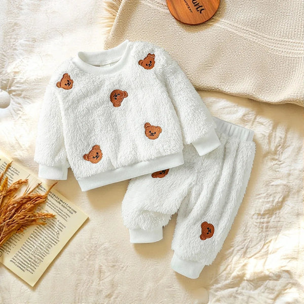 2025 Baby Boys Girls Unisex 2Pcs Autumn Winter Thicken Long Sleeve Warm Fleece Cute Bear Cartoon Casual Clothing Sets For 1-3Y